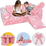 LIODUX 10pcs Modular Kids Play Couch - The Ultimate Playroom Building Fort with Glow-in-Dark - Convertible Kids Foam Furniture Pillow Set & Children Floor Sofa Alternative Cushion (Pink)