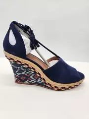 Cabi Isla Blue Multicolor Wedge Espadrille Sandals Leather Women Aztec Tassel