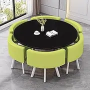 Office Dining Conference Table Set, 110cm Space-Saving Reception Meeting Coffee Table and 6 Chair Set, Metal Frame, Wooden Table top, Easy to Clean(Green)