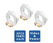 3 Pcs 100 Feet BNC Pre-Made Power and Video Cable for CCTV Security Camera