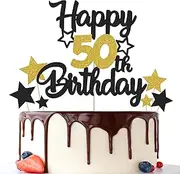 Gidobo 50th Birthday Cake Toppers, Black Gold Glittery Cake Decorations with Stars, Fifty Years Old Birthday Party Supplies for Men and Women
