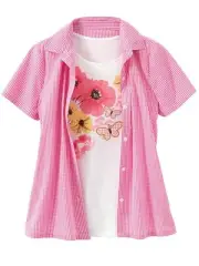NEW Sz Medium Floral & Butterfly Tank Top & Pink Gingham Button Up Shirt Set