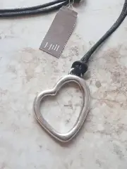 J Jill Silver Sideways Open Heart Pendant Leather Cord Necklace Adjustable