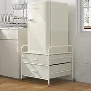 DHMAKER Mini Fridge Stand with Storage, 2 Drawer Fridge Organizer with Metal Frame, Over Refrigerator Stand with 4 Swivel Wheels, Microwave Fridge Cart for Doorm Kitchen