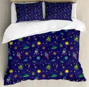 Space Duvet Cover Set with Pillow Shams Sketch Cosmos Elements Print