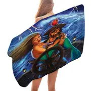 Stormy Ocean Pirate and Mermaid Fun Honeymoon Microfiber Beach Towel