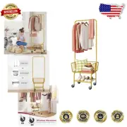 Elegant Gold Laundry Cart with Wheels, Shelf & Hanging Rack for Bedroom or Bath