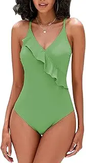 [loginsummer] Women's Ruffle Flounce Swimwear Monokini Tummy Control Lace Up Back Swimsuits