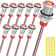 10Pcs 8mm DC12-24V Red LED Metal Indicator Light Waterproof Signal Lamp with 150mm Cable Length Metal LED Indicator Light and Wiring Cap for Car Interior Trucks Boats Engine taillight