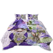 Purple Spring Gnome and Bunnies Coverlet