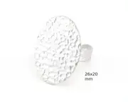 Oval Hammered Adjustable Ring Blank Bezel Base - Shiny Silver Plated Brass 4936
