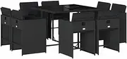 vidaXL 9-Piece Black Poly Rattan Outdoor Garden Dining Set - Weather-Resistant Bar Set with Cushions, Tempered Glass Tabletop