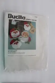 NEW Bucilla Christmas Santa Faces Coasters Set of 5 Plastic Canvas Holder 61169