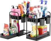 DMD® | 2 Pack Under Sink Storage Kitchen Organiser, 2 Tier Under Sink Shelf with Slide Out Draw & 2 Hanging Cups Multi-Purpose Organisation for Kitchen, Bathroom, Laundry Black