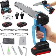 Mini Chainsaw Rechargeable Cordless Electric Chainsaw Portable Powered Lithium 6 in One-Hand Chainsaw with 24V 2 Battery and 4 Chain for Tree Branch Wood Cutting Tree Garden Pruning Shears Tools