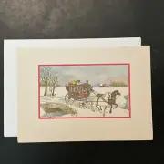 Vtg Christmas Card Artistic Horses Pulling Carriage Over Snow Covered Bridge