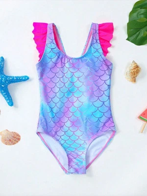 One Piece Swimsuit Mermaid tale Fish Scales Girls Bathing Suit Size 7Y