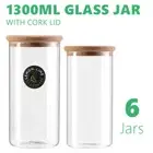 6x 1300ML Cork Lid Glass Jars Canister Storage Kitchen Clear Food Container 1.3L