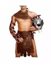 Mens Real Cowhide Leather Brown Roman Gladiator Kilt Set Halloween Costume LARP