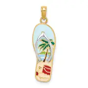 14k Yellow & Rhodium Gold w/Rhodium 3D Enamel Palm Tree and Bucket Flip-Flop Charm