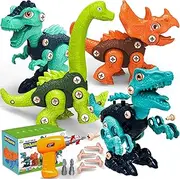 4 PCS Kids Take Apart Dinosaurs Toys, Building＆Construction STEM Educational Toy Set with 1 Electric Drill＆4 Hand Drills,DIY Engineering Play Kit Christmas Birthday Gifts for 3 4 5 6 7 8 Old Boy Girl