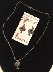 Tibetan Tree of Life Dangle Earrings Silvertone Necklace Set