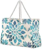 [Yoogain] Blue Bohemian Sturdy Womens Tote Bagss with side pocketes Large Beach Bag for Travel Gym Vacation, Blue Bohemian, 1 size