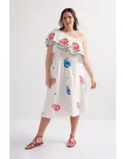 XL MAXI Floral Plenty Tracy Reese EMBROIDERED 1 Shoulder Peasant Pink Blue