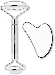 Skin Care Tools - Gua Sha Face Roller Set - Gua Sha Facial Tools Stainless Steel with Roller, Stainless Steel Facial Massager Set for Skincare, Roller and Gua Sha Metal Tool for Face Lifting and Lymphatic Drainage