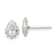 Sterling Silver Polished & Beaded Edge Pear Cz Post Earrings