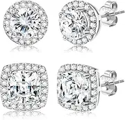 [Hayoso] 18K Gold Plated Halo Stud Earrings 925 Sterling Silver Cubic Zirconia Stud Earrings Round Square Diamonique Stud Earrings Set for Women Men