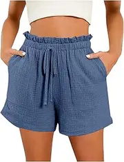 [Generic] High Waist Linen Shorts for Women Summer Elastic Waist Drawstring Casual Shorts Wide Leg Beach Shorts with Pockets