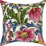 Brvsk Floral Embroidery Kit for Adults and Beginners — Rose by William Morris 16″ × 16″ with Clear, Precise Printed Design on Cotton Canvas; Includes 2 Needles, Yarn, and Easy-Read Chart