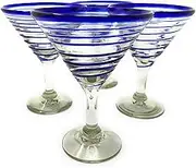 Mexican Hand Blown Glass – Set of 4 Hand Blown Modern Margarita Glasses - Blue Spiral (12 oz)