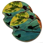 Ravens Full Moon Twilight Wood Car Coaster Gift Set fit Car & Truck Cup Holder