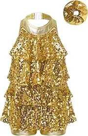 [Oyolan] Kids Girls Sparkle Sequin Salsa Rumba Latin Dance Dress Jazz Hip Hop Stage Performance Costume Dance Wear
