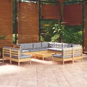 vidaXL 12 Piece Garden Lounge Set with Grey Cushions Solid Pinewood