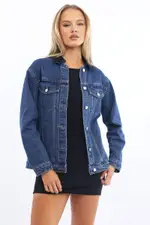 Denim Oversized Jacket Contrast Collar - Size 12M, Women's Denim Jacket