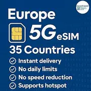Europe & UK eSIM 35 Countries | Supports Hotspot | 5G High Speed Data | 30 Days 10-50GB | Email Delivery (5GB for 30 Days)