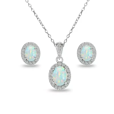 4Ct Oval Lab Created Fire Opal Halo Pendant & Earrings Set 14K White Gold Plated