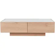 Design Square Tempered Glass Top 2-Drawers Tea Coffee Table Natural Oak