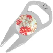 Red Flowers Golf Ball Marker Divot Repair Tool Bottle Opener