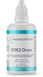 Vitamin D3 K2 Drops | D3 1000IU & K2 MK7 45μg Supplement | Suitable For Adults & Kids | Better Absorption Oral Liquid | Immune Support, Bone Health, Muscle Function (50ml - 300 Serves) MICRONUTRITION