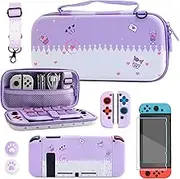 RHOTALL Cute Carrying Case Compatible with Nintendo Switch,Shockproof Portable Travel Bag,Protective Case ,Switch Screen Protector, Adjustable Strap, Switch Thumb Grips-Purple Rabbit