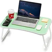 Laptop Bed Desk, Foldable Lap Table, Portable Study Table, Laptop Stand with Cup Holder & Tablet Slot & Lifting Handle for Working Writing Drawing & Eating - Green