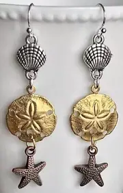 Beachy Gold Sand Dollar with Silver and Copper Sea Shell Earrings. Ocean.