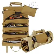 Portable Tool Storage Box with 2 Detachable Zipper Pouch, Tool Organizer Bag Roll Up Carrier Bag for Electrician Mechanic (Khaki)