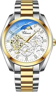 [DAXIAOYU] Men Self-Winding Mechanical Watch, Multifunctional Dial Diamond Watches, Luminous Stainless Steel Sun, Moon and Stars Watch