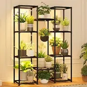 GENTINGBRO Metal Plant Stand with Grow Lights for Indoor Outdoor Use, Black, 3-Tier, 11.8" W x 34" L x 47.5" H