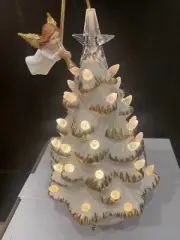 10" Rotating Angel Ceramic Vintage White Christmas Tree White Bulbs 6HR Timer BO